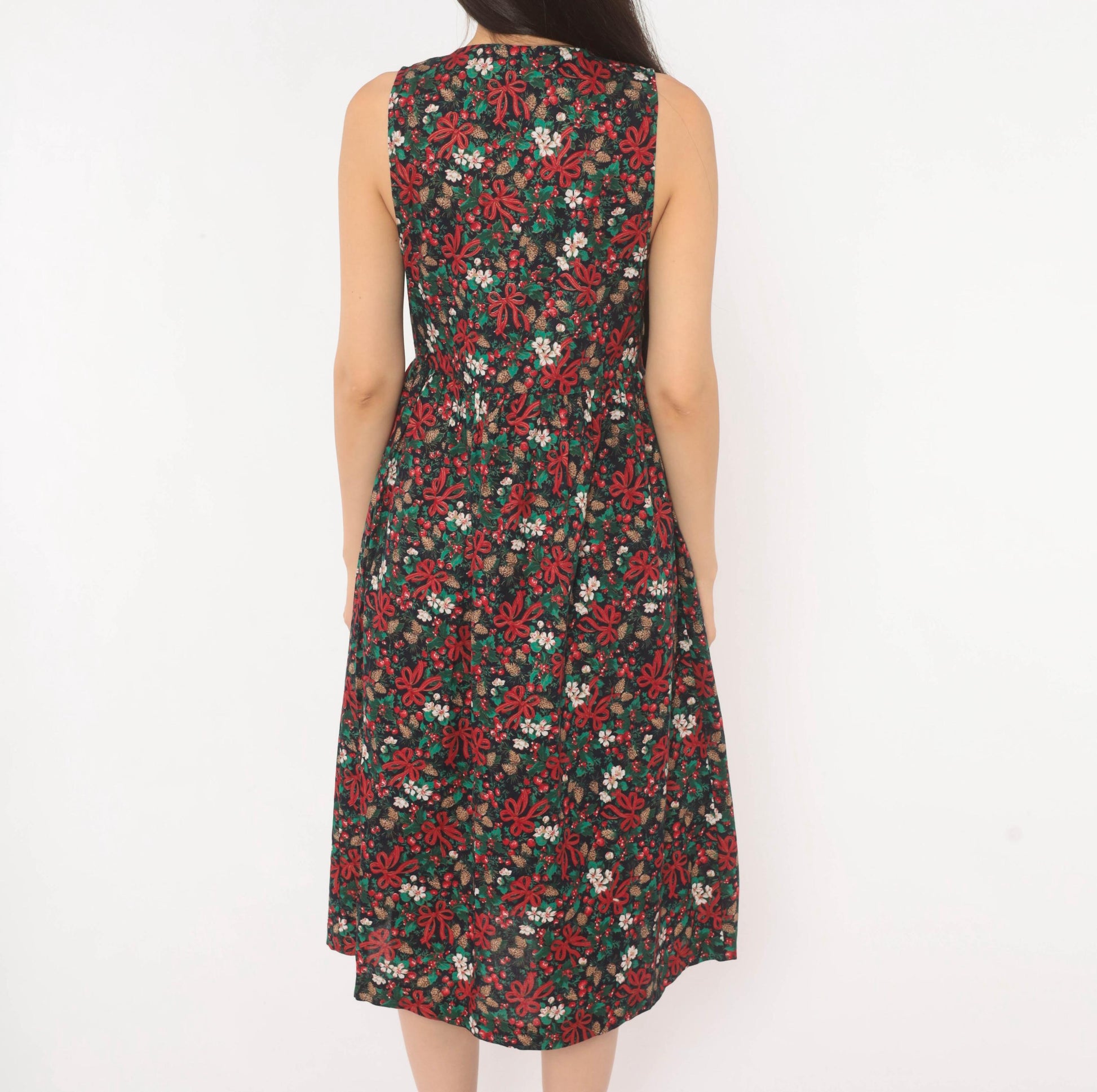 90s R.J. Stevens Christmas Jumper Dress Cotton V-Neck Holly Pinecone Navy Extra Small XS