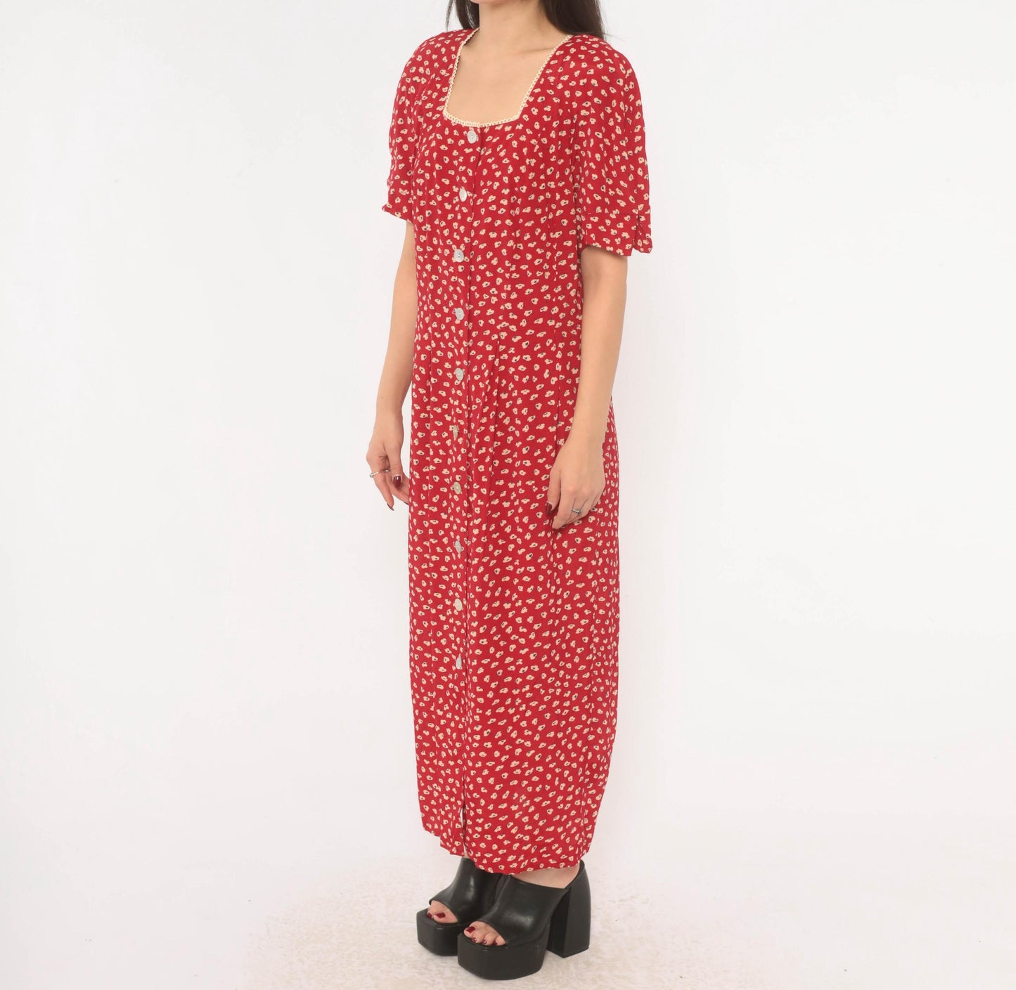 90s Anthony Mark Hankins Red Floral Maxi Dress Square Neck Lace Trim Large L