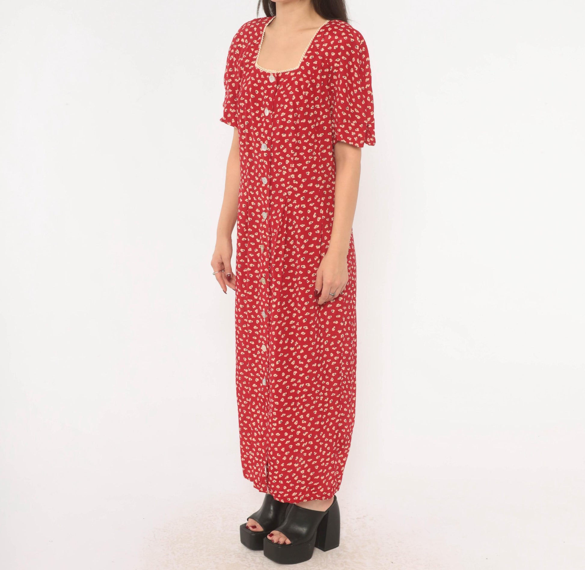 90s Anthony Mark Hankins Red Floral Maxi Dress Square Neck Lace Trim Large L