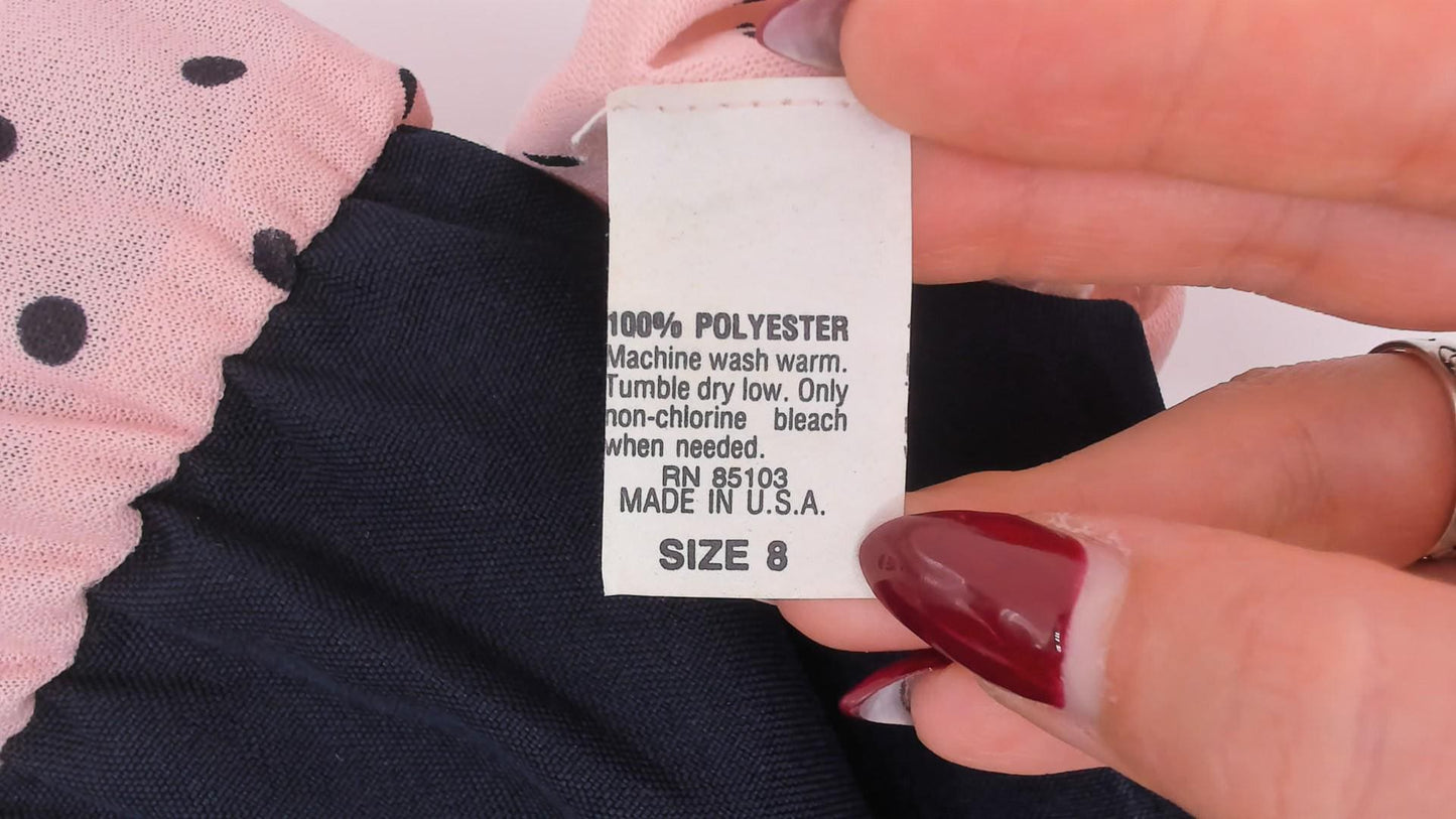 80s Two-Tone Polka Dot Dress Pink Navy Cap Sleeve A-Line Medium M