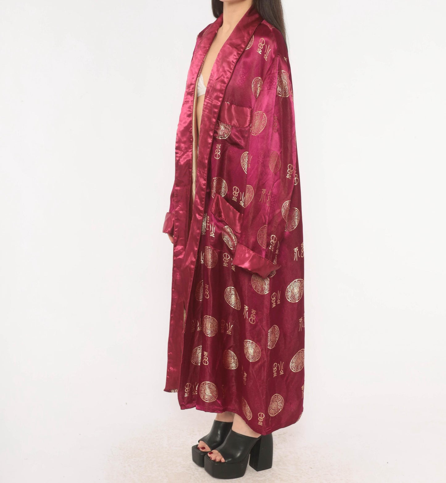 90s Magenta Satin Robe Gold Jacquard Medallion Kimono Maxi Duster Large L
