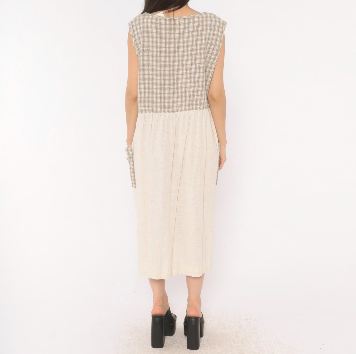 90s Two Twenty Gingham Midi Jumper Dress Tan Cream Cotton Linen Large