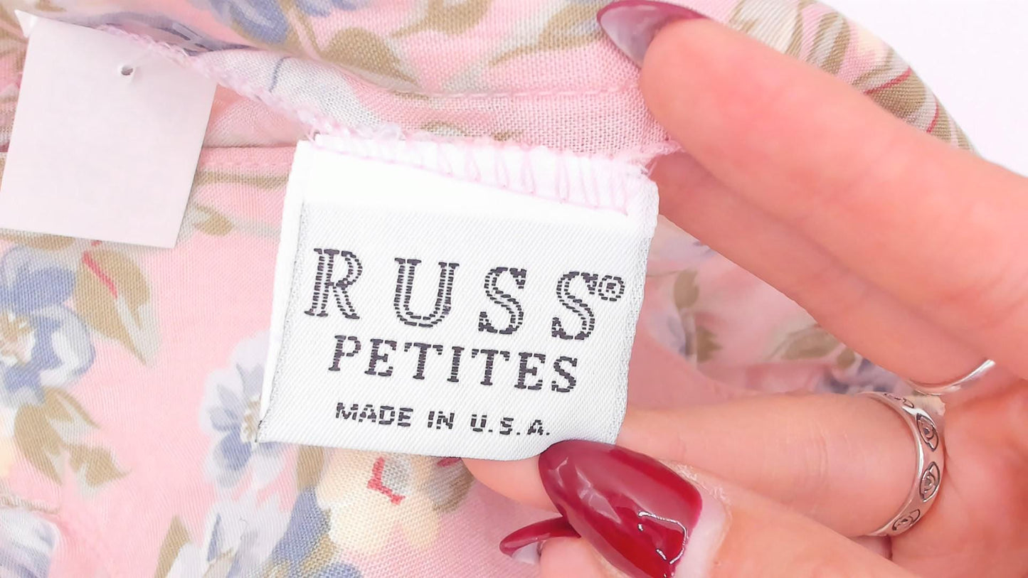 90s Russ Petites Floral Pleated Skirt Pink Rose Blue Cotton A-Line Medium