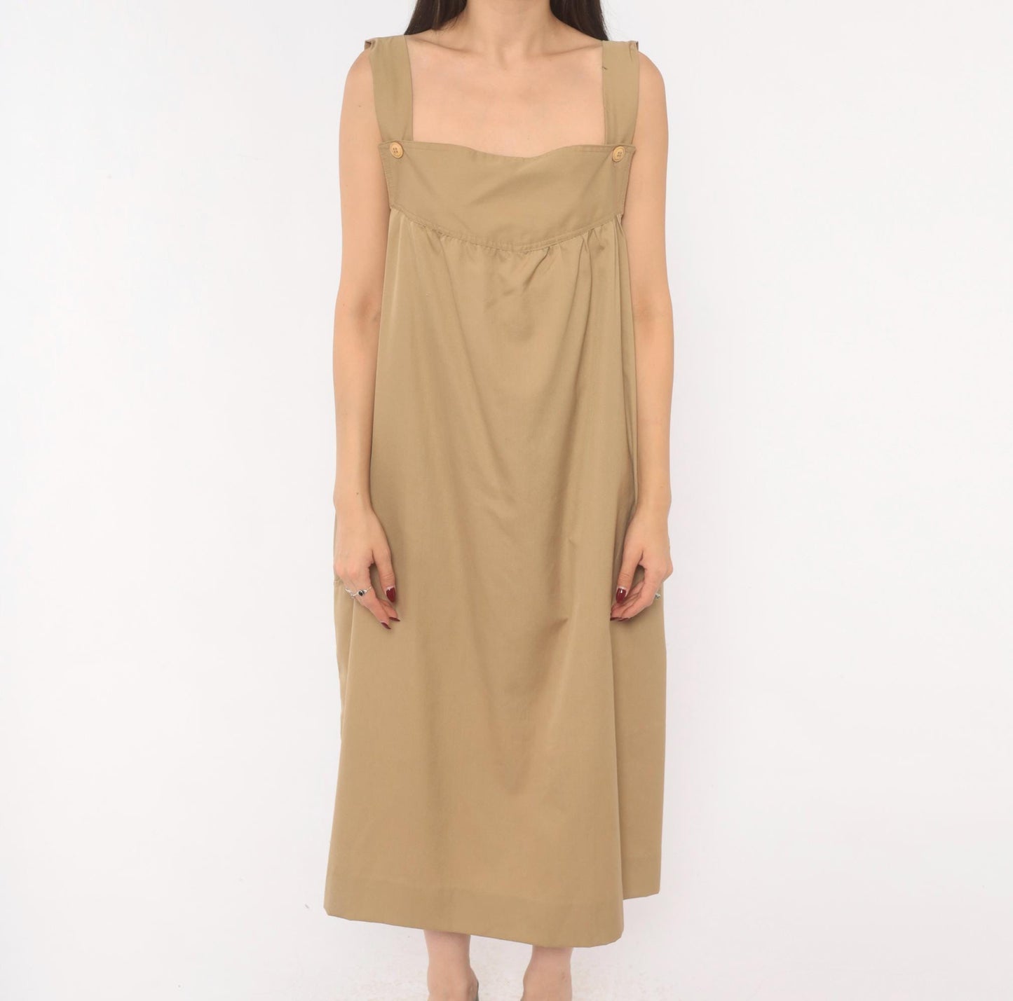 80s Tan Cotton Jumper Dress Square Neck Button Strap Midi Pinafore Large L