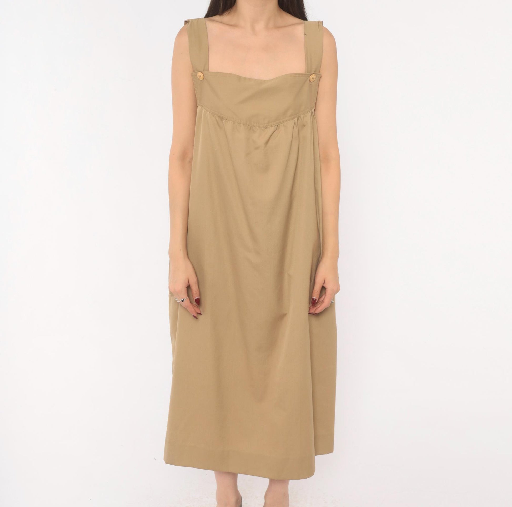 80s Tan Cotton Jumper Dress Square Neck Button Strap Midi Pinafore Large L