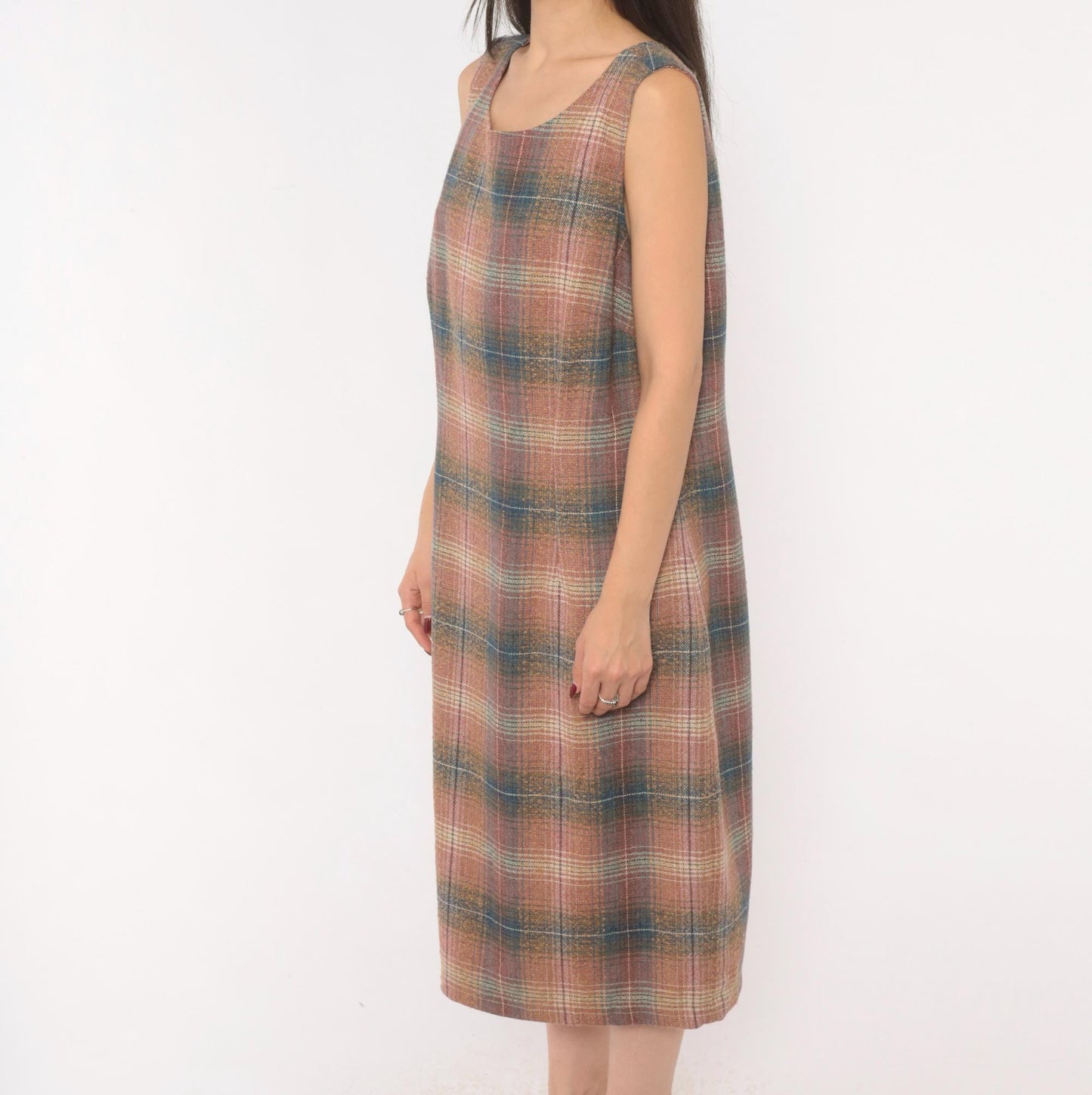 Y2K Chadwicks Plaid Wool Midi Dress Sleeveless A-Line Pink Teal Large L