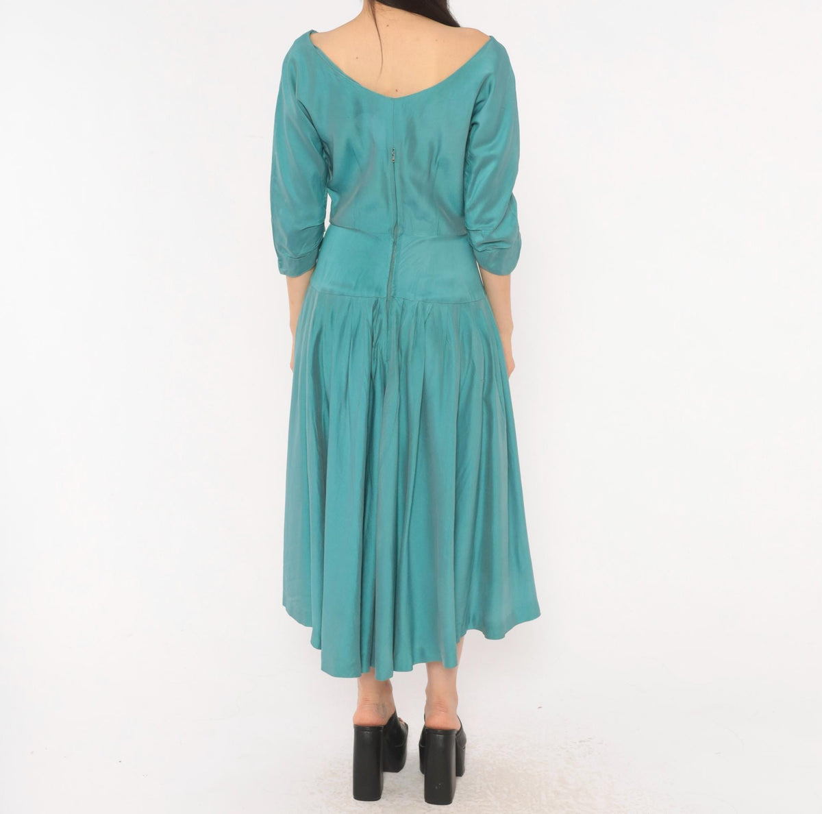 1940s Teal Dress V-Neck Three Quarter Sleeve Drop Waist Midi Small S