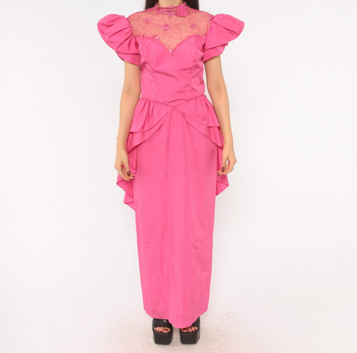 80s Eve Of Milady Hot Pink Maxi Gown Puff Sleeve Peplum Lace Bodice Small