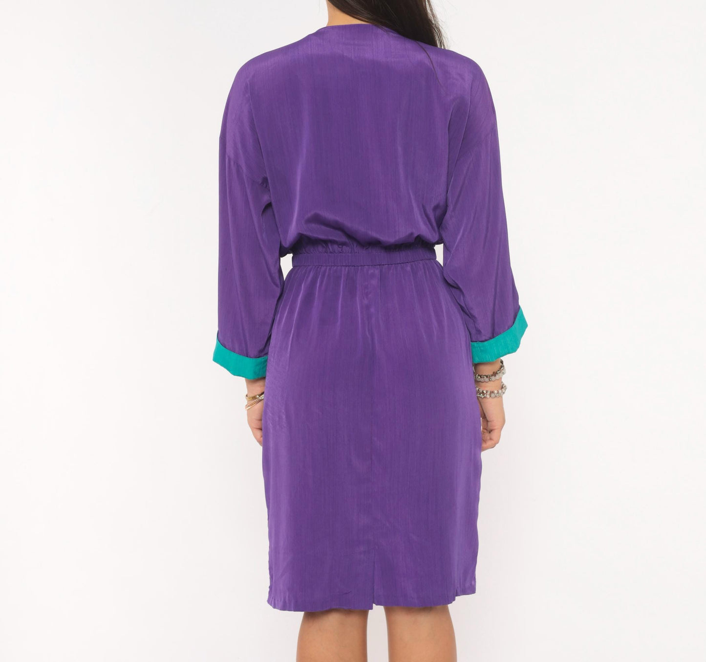 80s Leslie Fay Purple Safari Dress Knee-Length Utility Pockets Teal Trim Medium