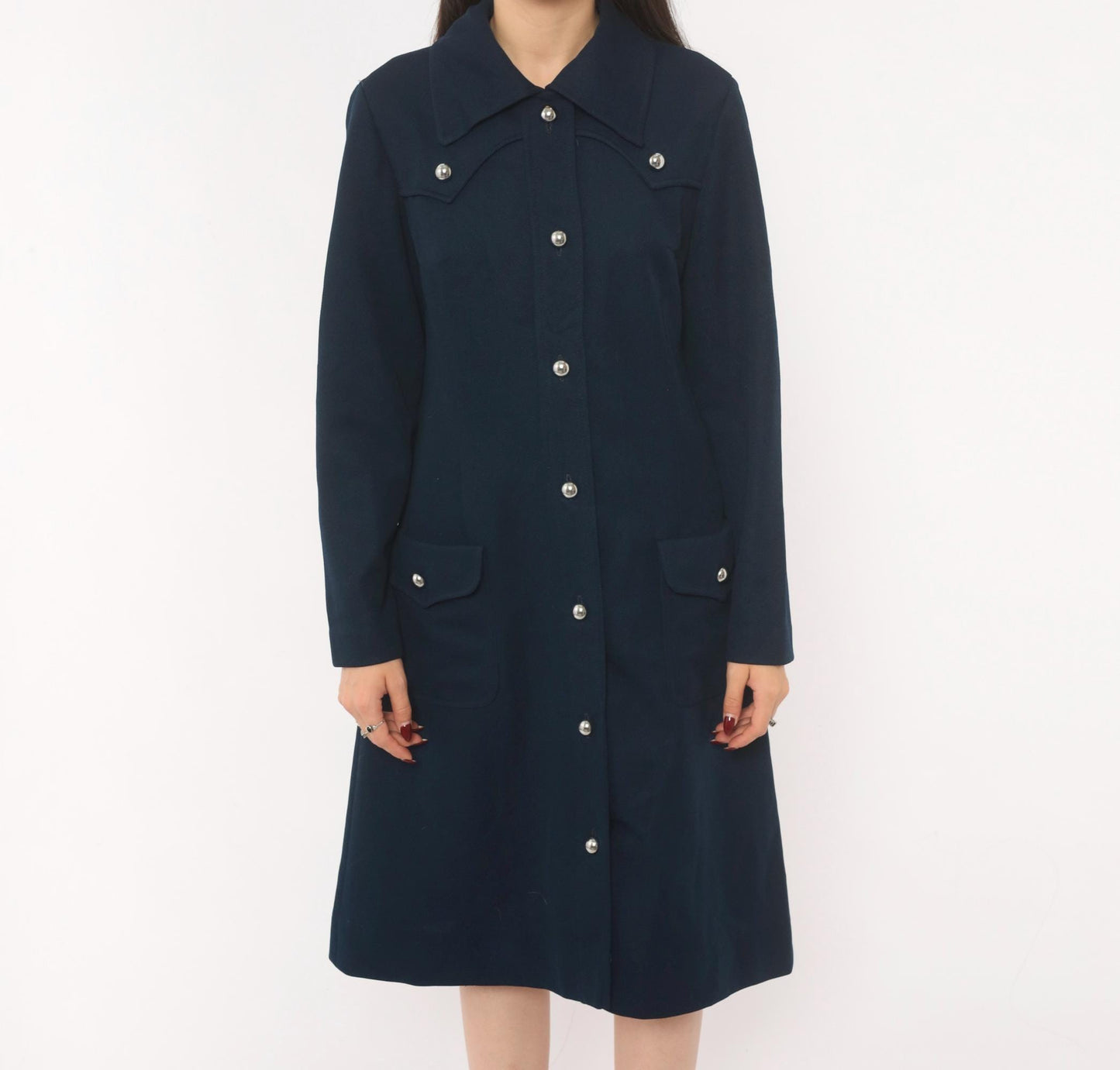 70s R & K Originals Navy Coat Dress Western Yoke Silver Buttons Medium