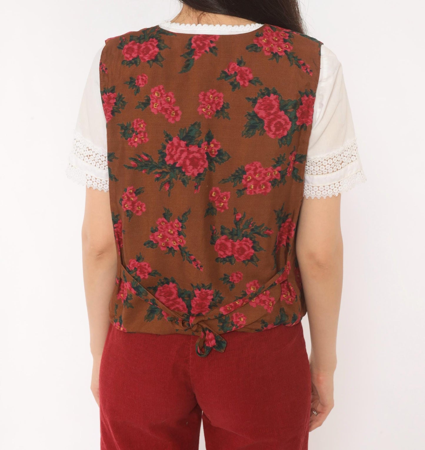 90s Karen Scott Floral Vest Brown Pink Rose Button Front Tie Back Small