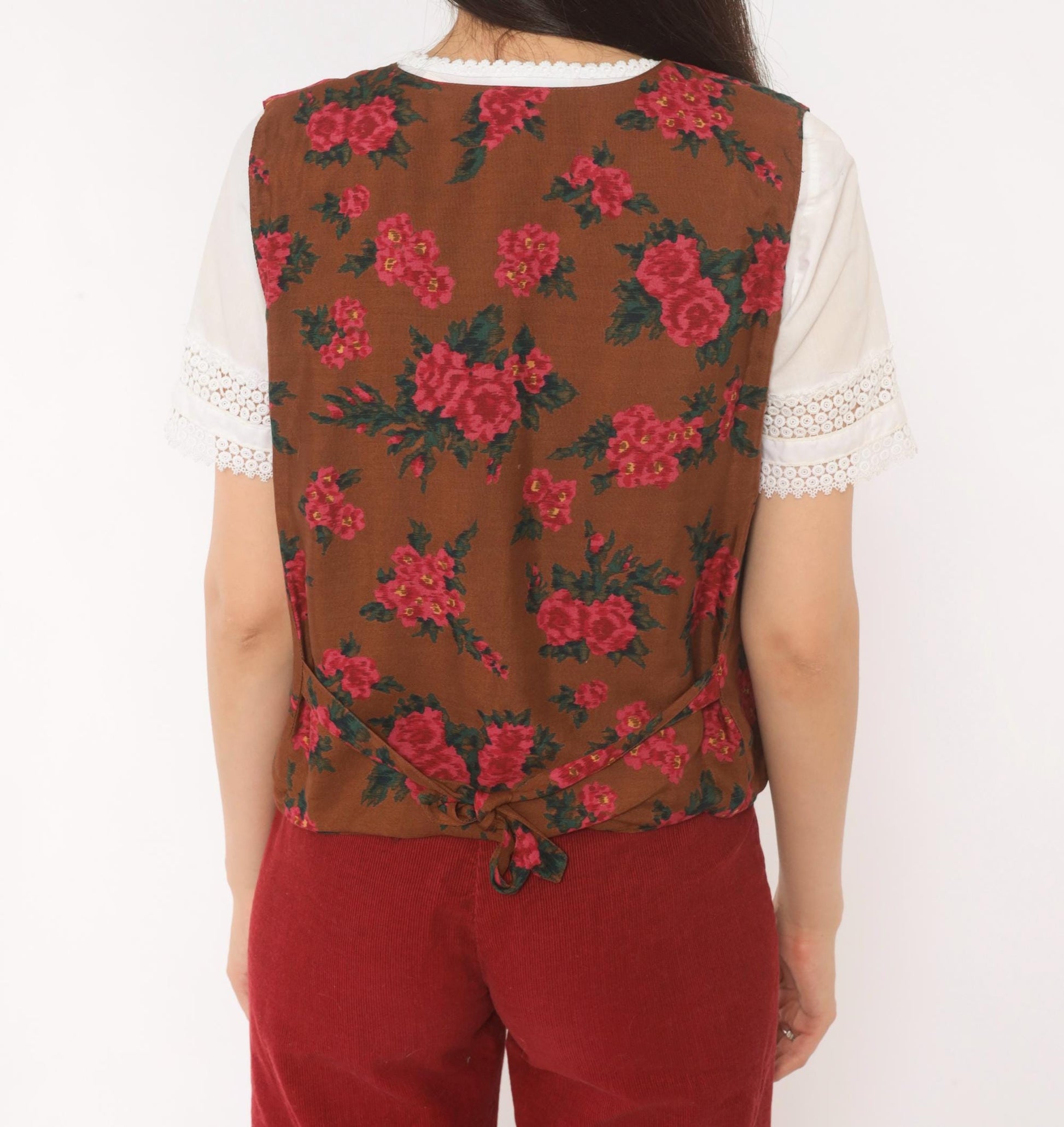90s Karen Scott Floral Vest Brown Pink Rose Button Front Tie Back Small