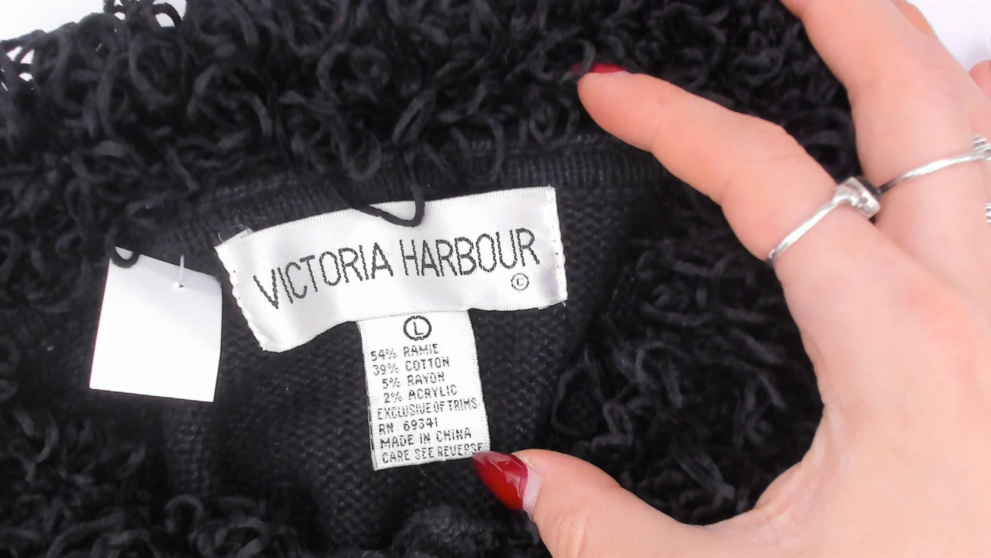 90s Victoria Harbour Black Cardigan Embroidered Autumn Leaves Large L
