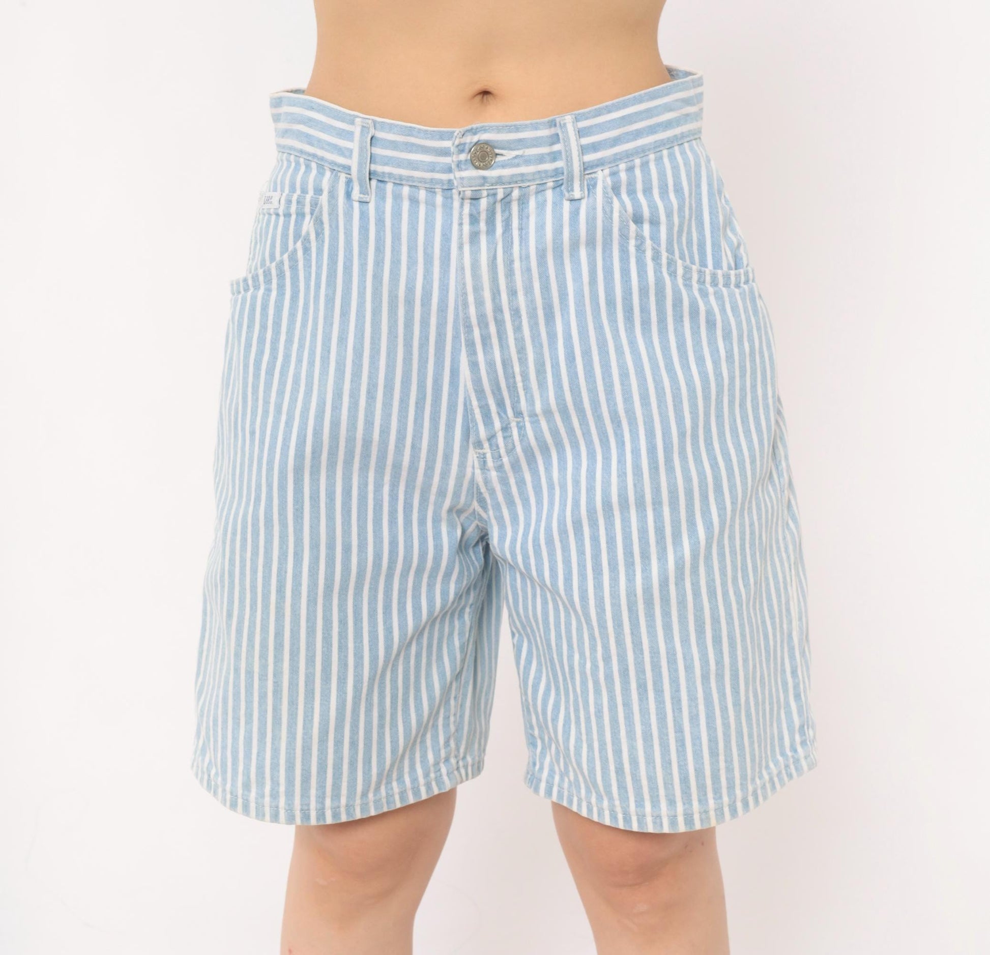 90s Lee High Waist Pinstriped Denim Shorts Blue White Bermuda Medium M