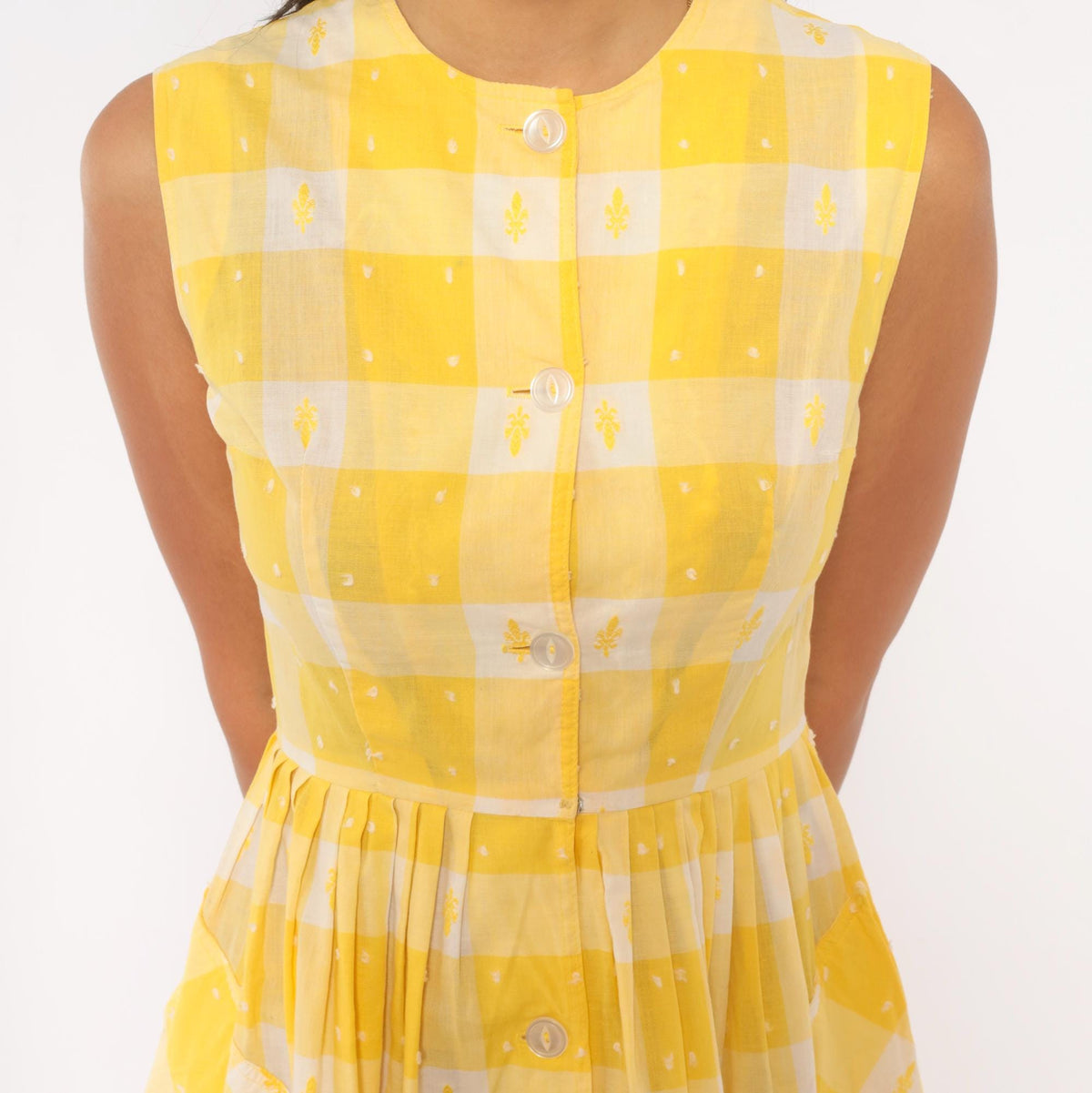 60s Yellow White Gingham Cotton Sundress Button Front Pleated Knee Length Extra Small