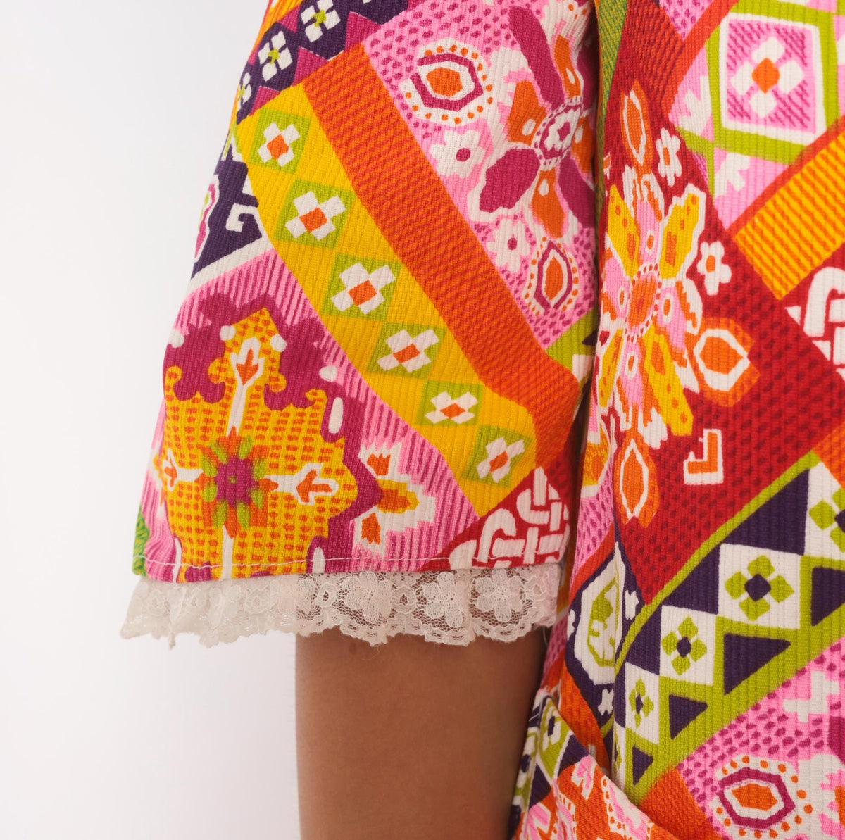 1970s Patchwork Button Front Shift Dress Knee Length Cotton Multicolor Medium M