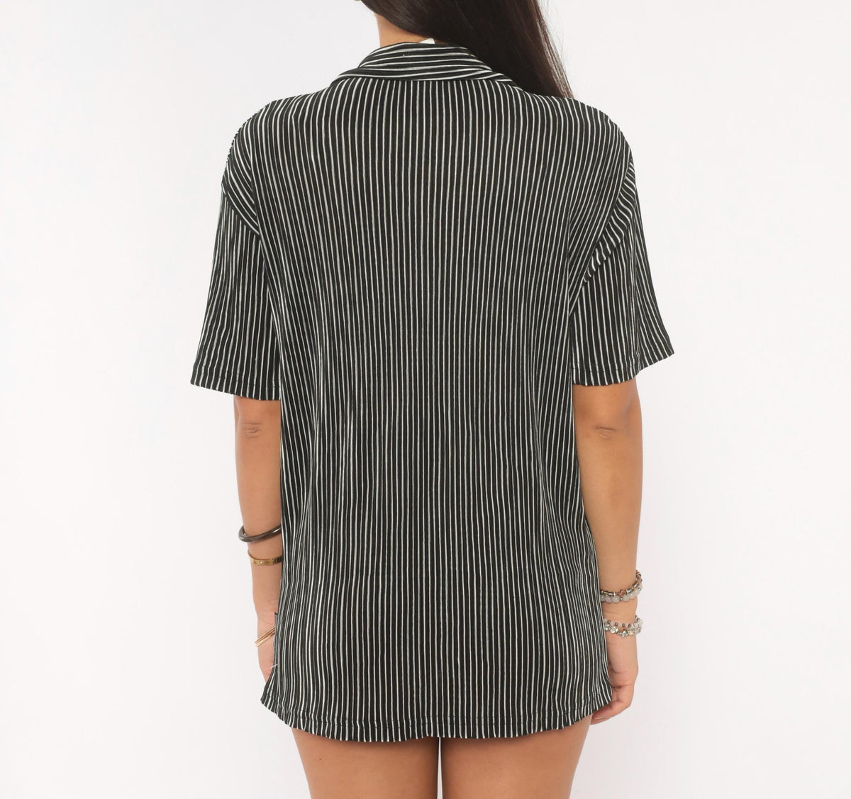 Y2K Black Pinstripe Button Up Camp Collar Shirt White Stripe Short Sleeve Small