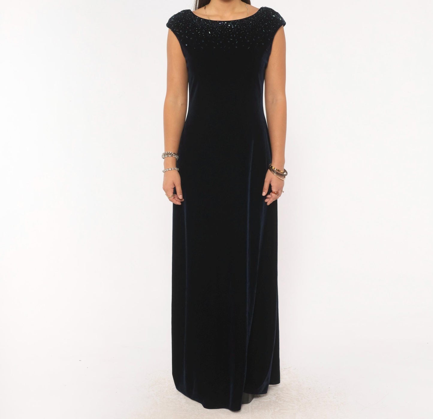 90s J. R. Nites Navy Velvet Gown Beaded Sequin Cap Sleeve Boat Neck Medium