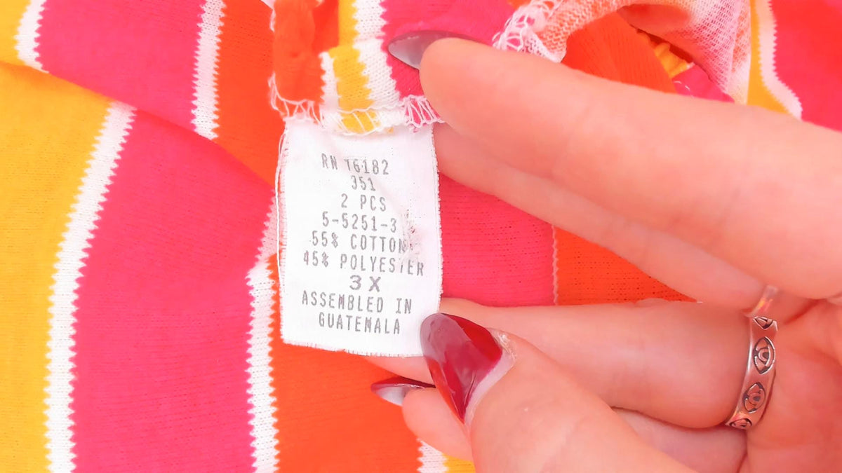 70s Striped Caftan Orange Pink Yellow Cotton Maxi Dress Flutter Sleeve Plus Size 3X