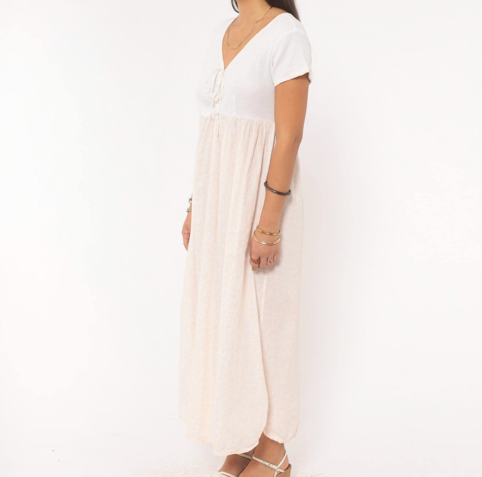 90s Victoria's Secret Floral Maxi Dress White Cotton Empire Waist Small S