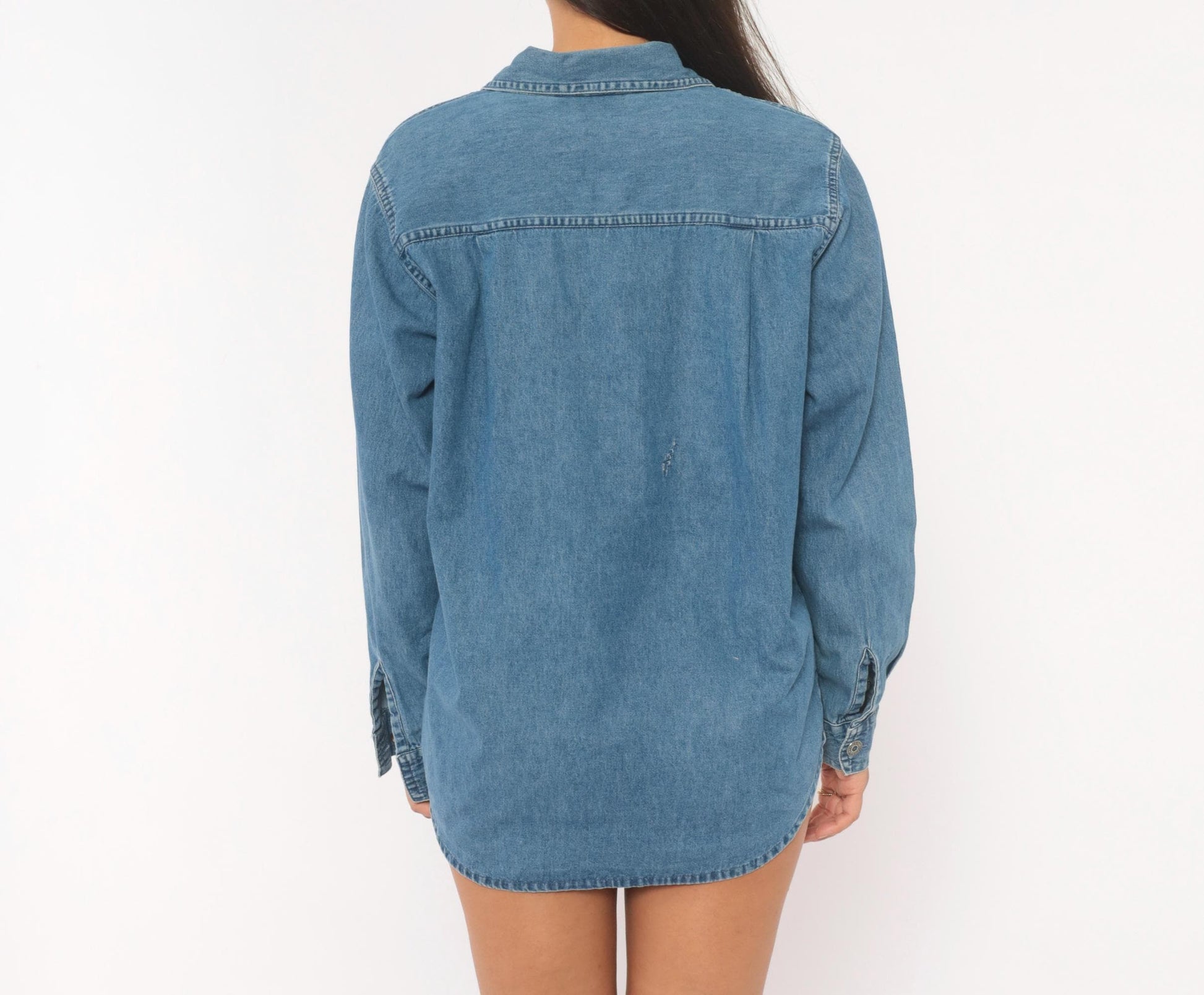 90s Floral Embroidered Denim Shirt Cotton Button-Up Lattice Trellis Large L