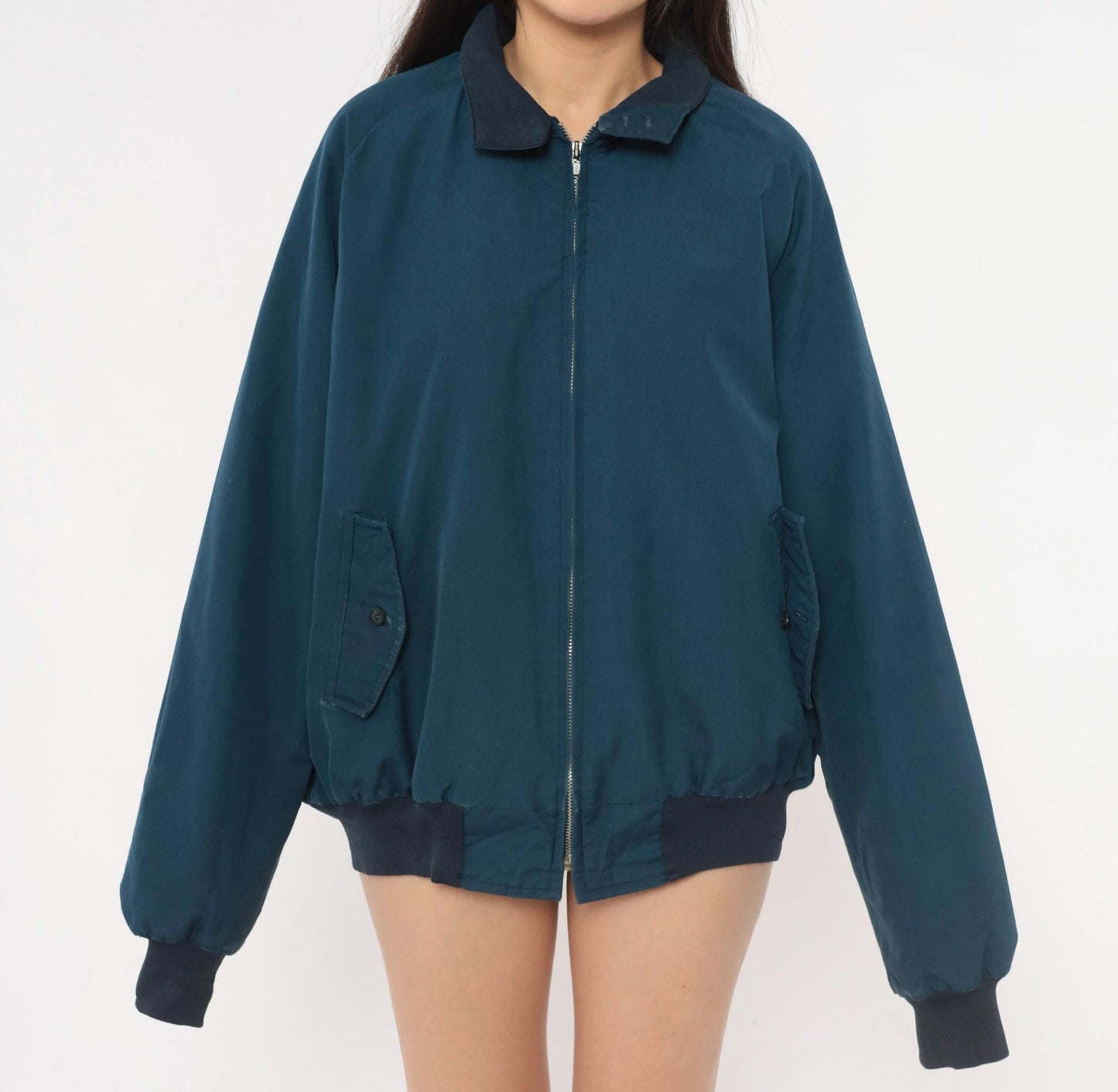 80s Sportsmaster Navy Harrington Bomber Jacket Zip Front Large L