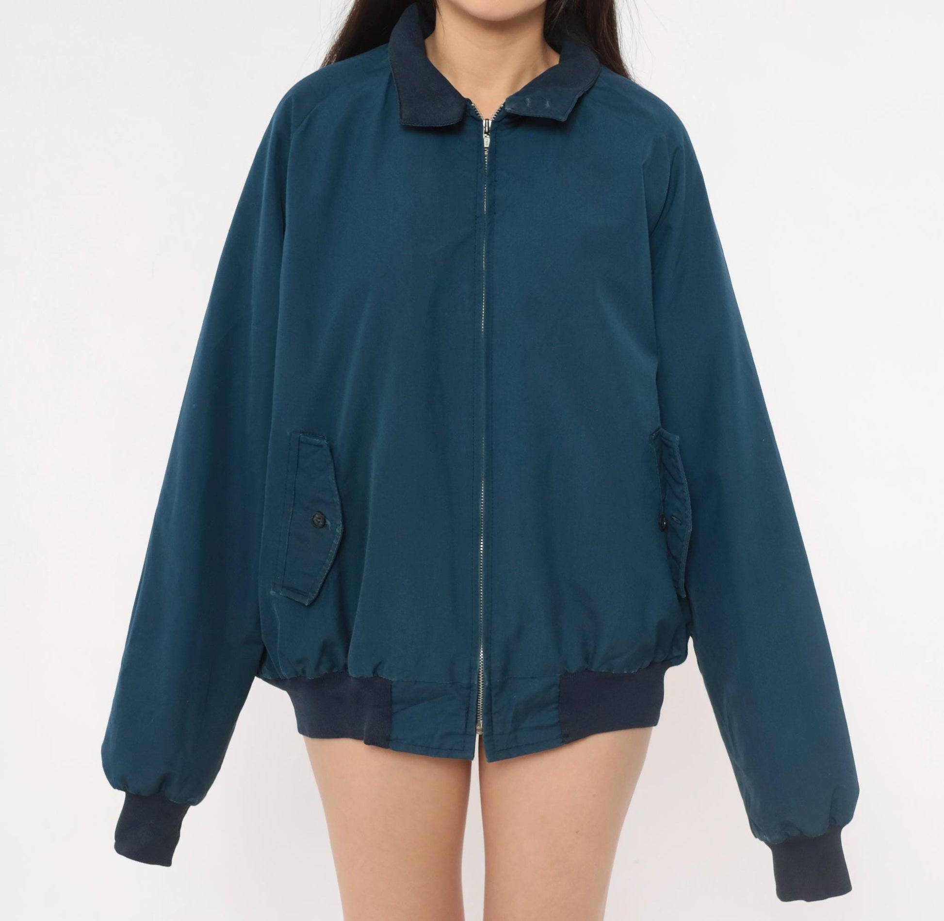 80s Sportsmaster Navy Harrington Bomber Jacket Zip Front Large L