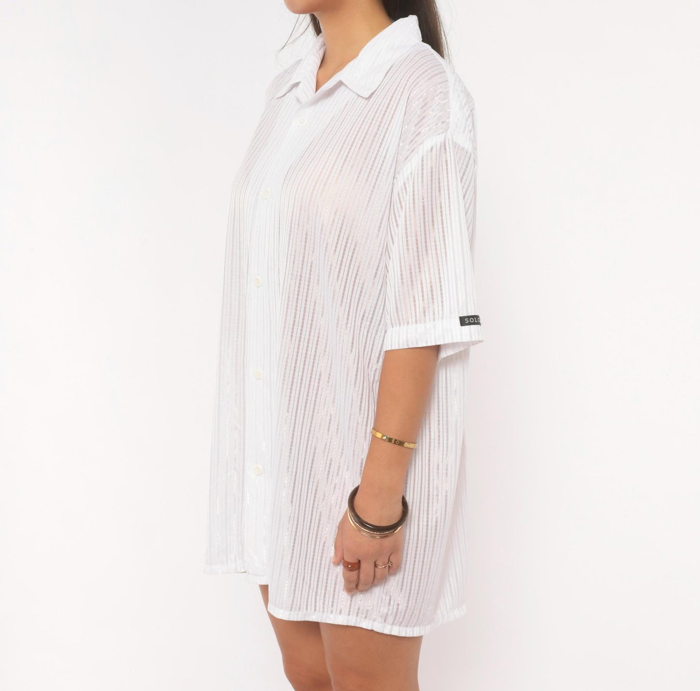 Y2K Solo White Striped Camp Collar Shirt Short Sleeve Plus Size 2X
