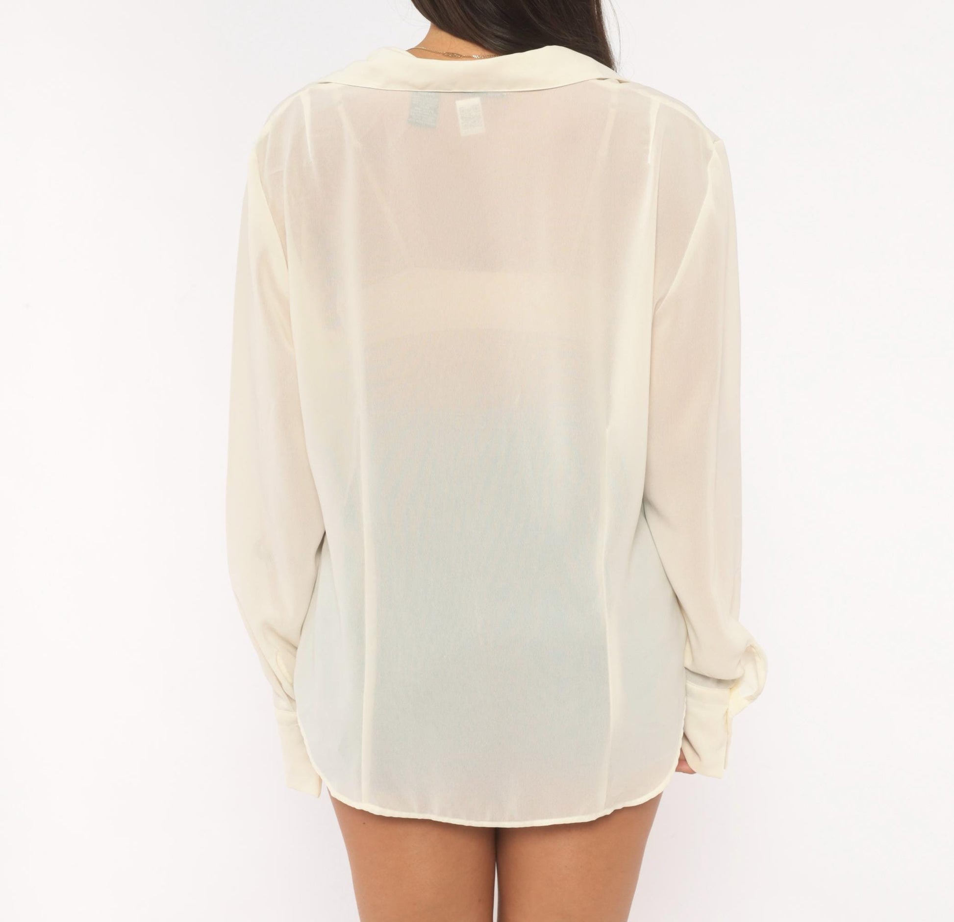 Y2K NY&Co Sheer Cream Button-Front Blouse Pointed Collar Long Sleeve Extra Large XL