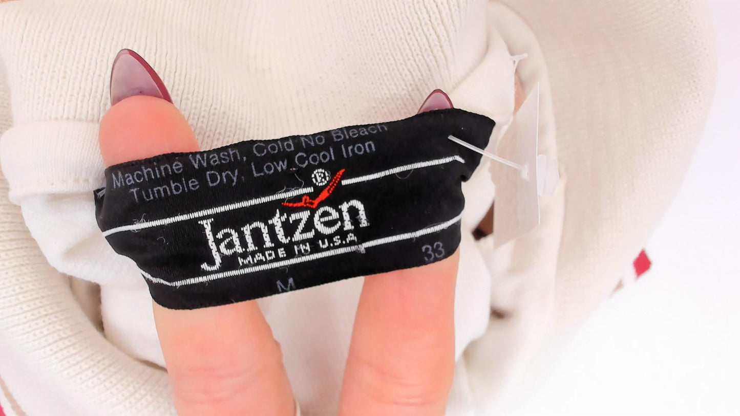 80s Jantzen Polo Cream Tan Color Block Snap Button Knit Top Small S