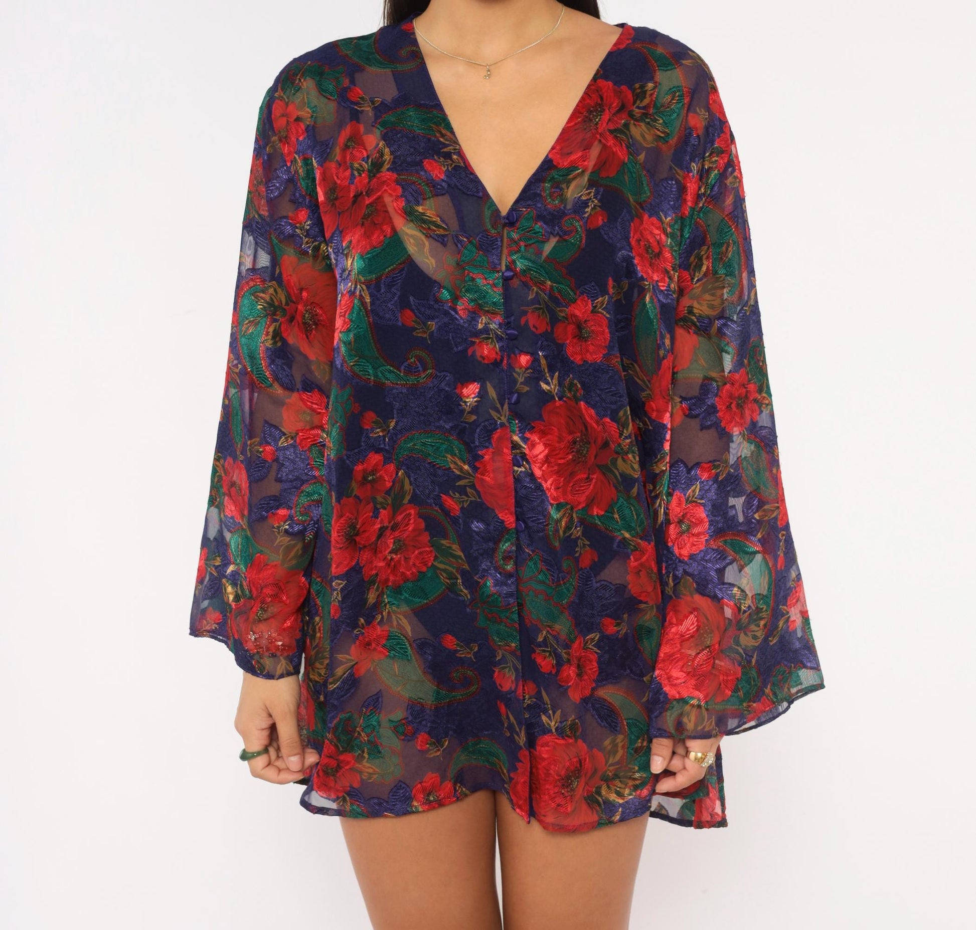 90s Victoria's Secret Sheer Robe Navy Red Floral Bell Sleeve Button Front Medium