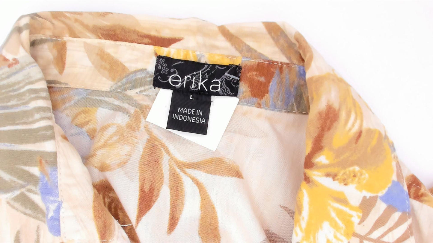 2000s Erika Hawaiian Camp Collar Shirt Cream Floral Yellow Palm Large L