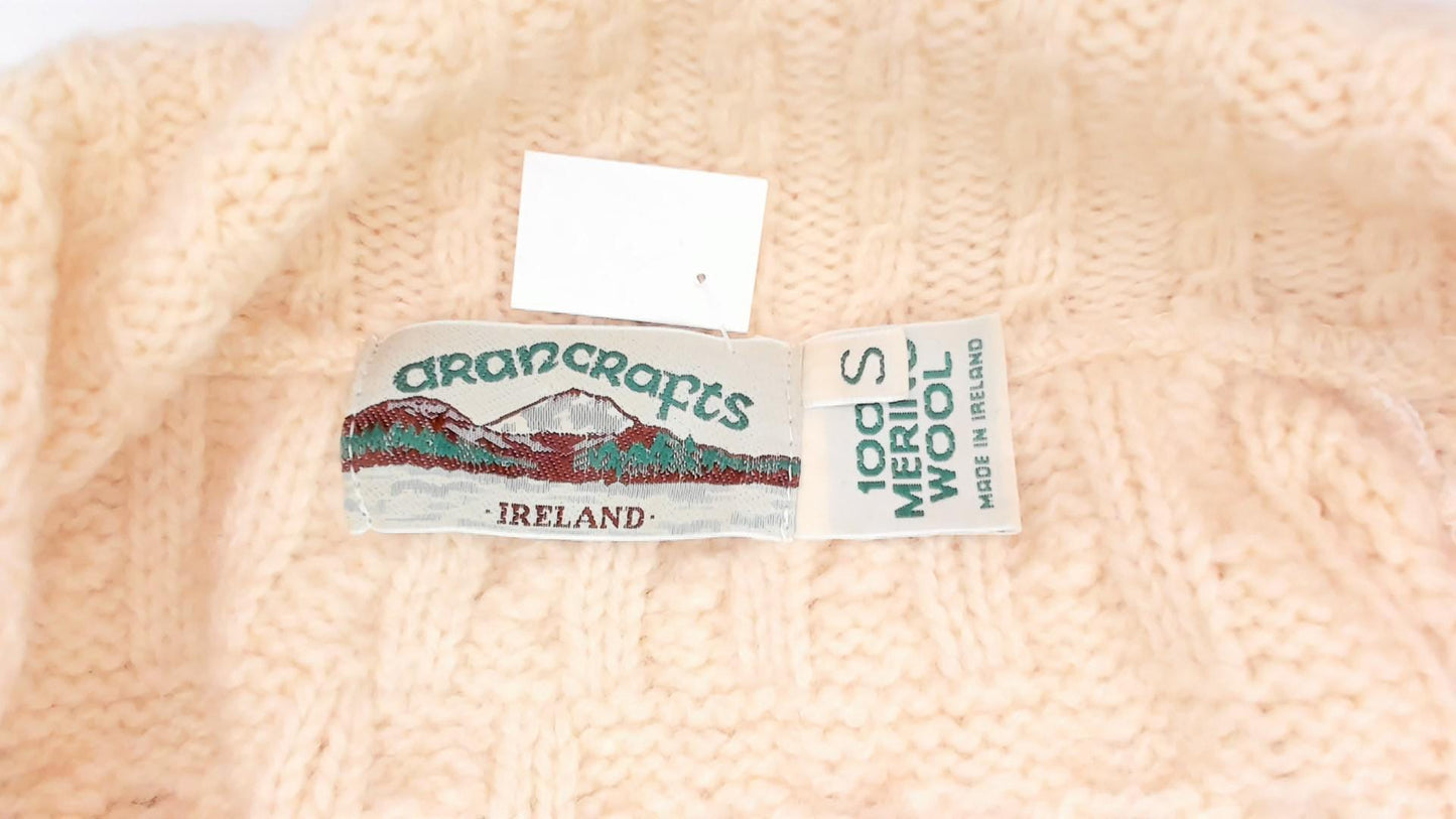 80s Arancrafts Aran Cable Knit Cardigan Cream Wool Shawl Collar Small S