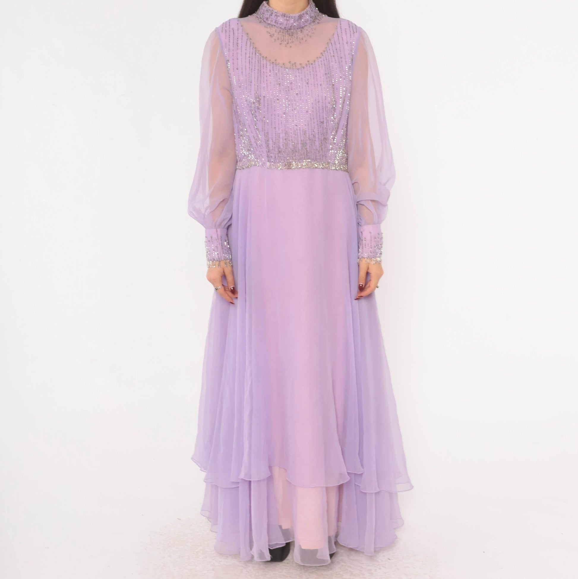 70s Lavender Chiffon Maxi Dress Beaded Bodice Bishop Sleeve Evening Gown Large L