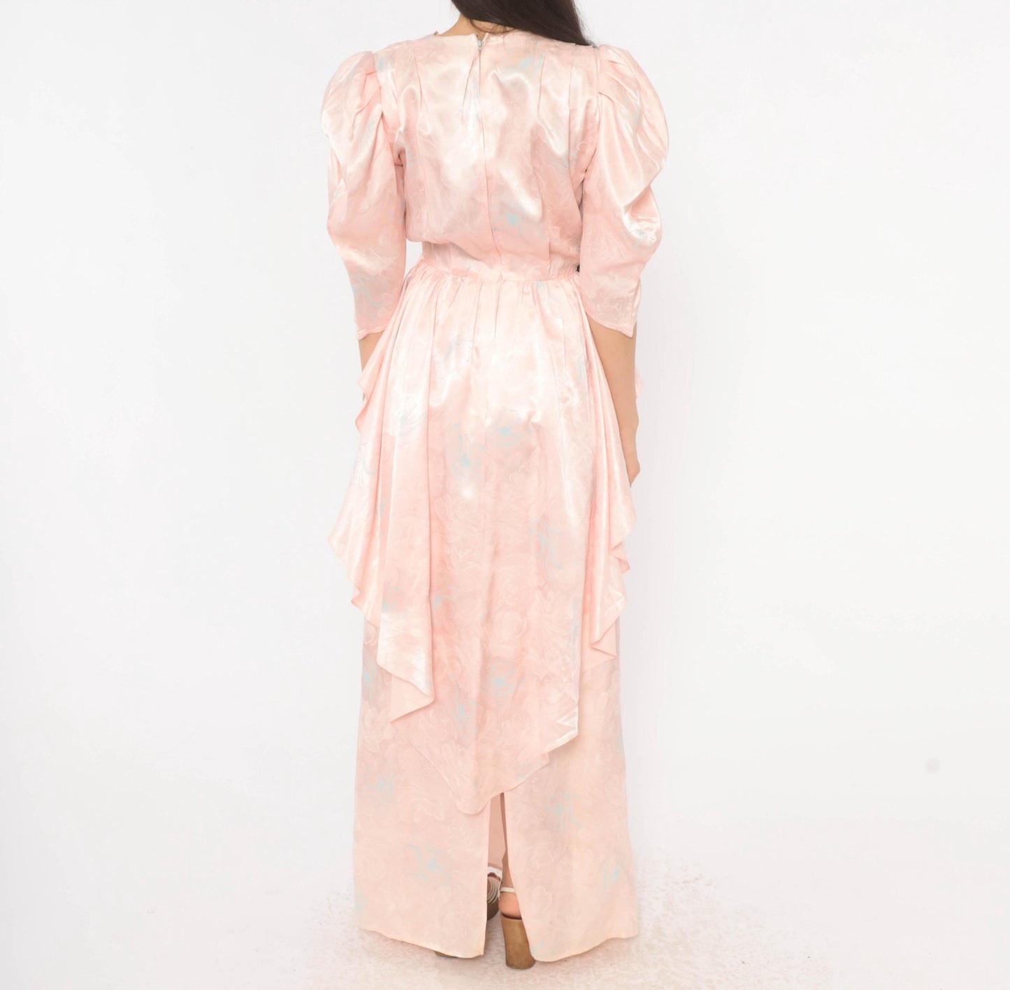 80s Zum Zum Puff Sleeve Maxi Gown Blush Pink Jacquard Floral Extra Small XS