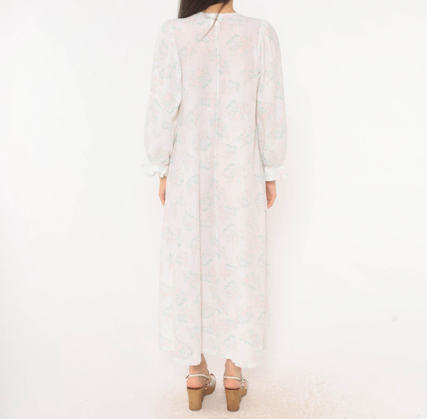 90s Gilligan O'Malley Floral Maxi Robe Puff Sleeve Eyelet Collar Pink Teal Medium M