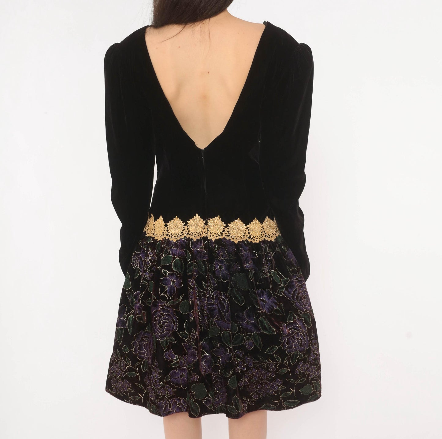 90s Scott Mcclintock Black Velvet Drop Waist Dress Purple Floral Open Back Large