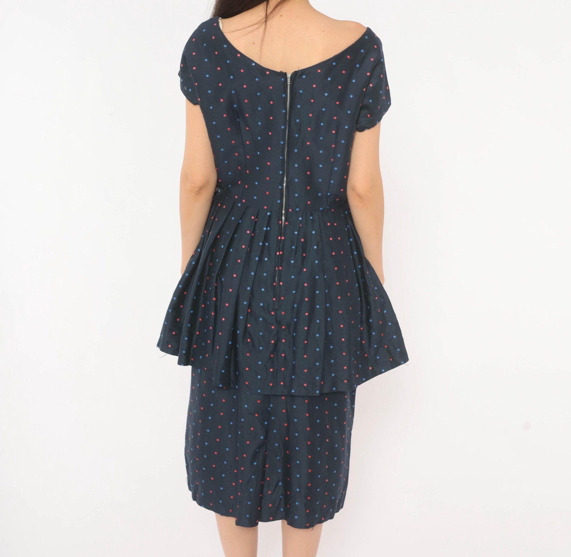 60s Navy Polka Dot Peplum Dress Red Blue Cap Sleeve Fitted Waist Medium M