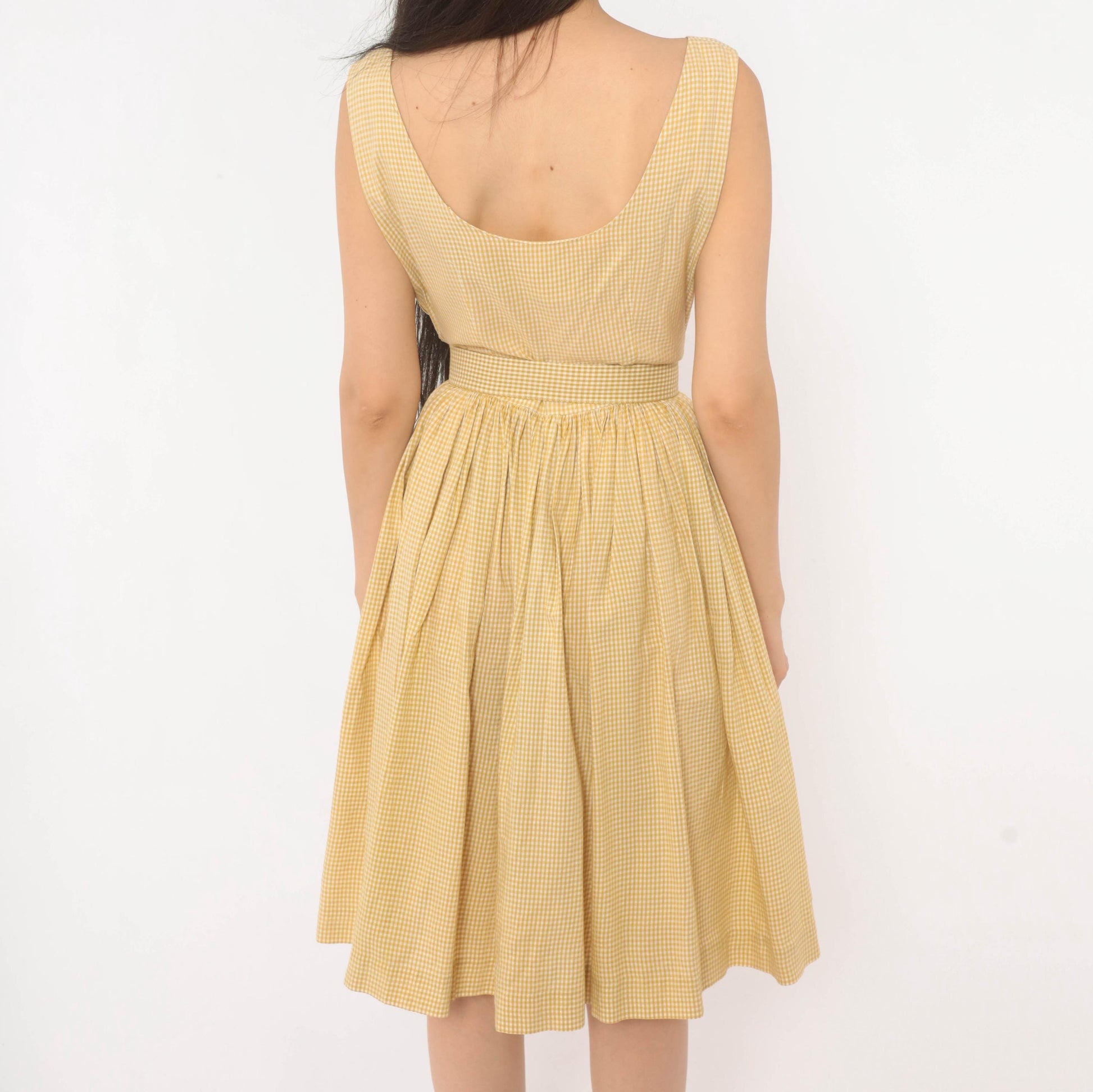 1950s P.S. Andrews Co Gingham Sundress Yellow White Cotton Fit Flare Extra Small XS
