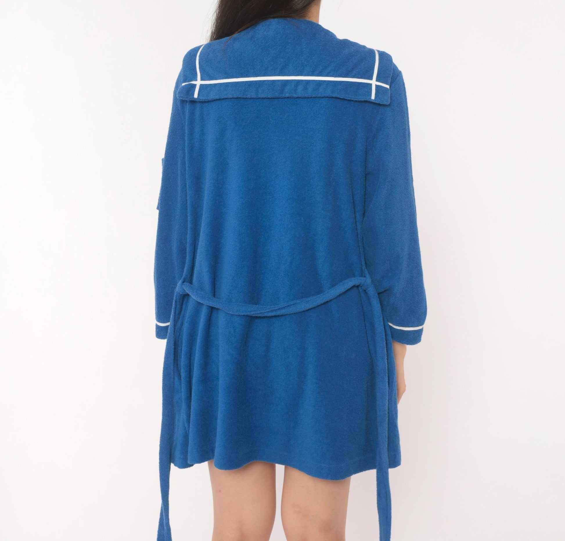 70s Deena Blue Terry Cloth Robe Sailor Collar White Piping Mini Medium M