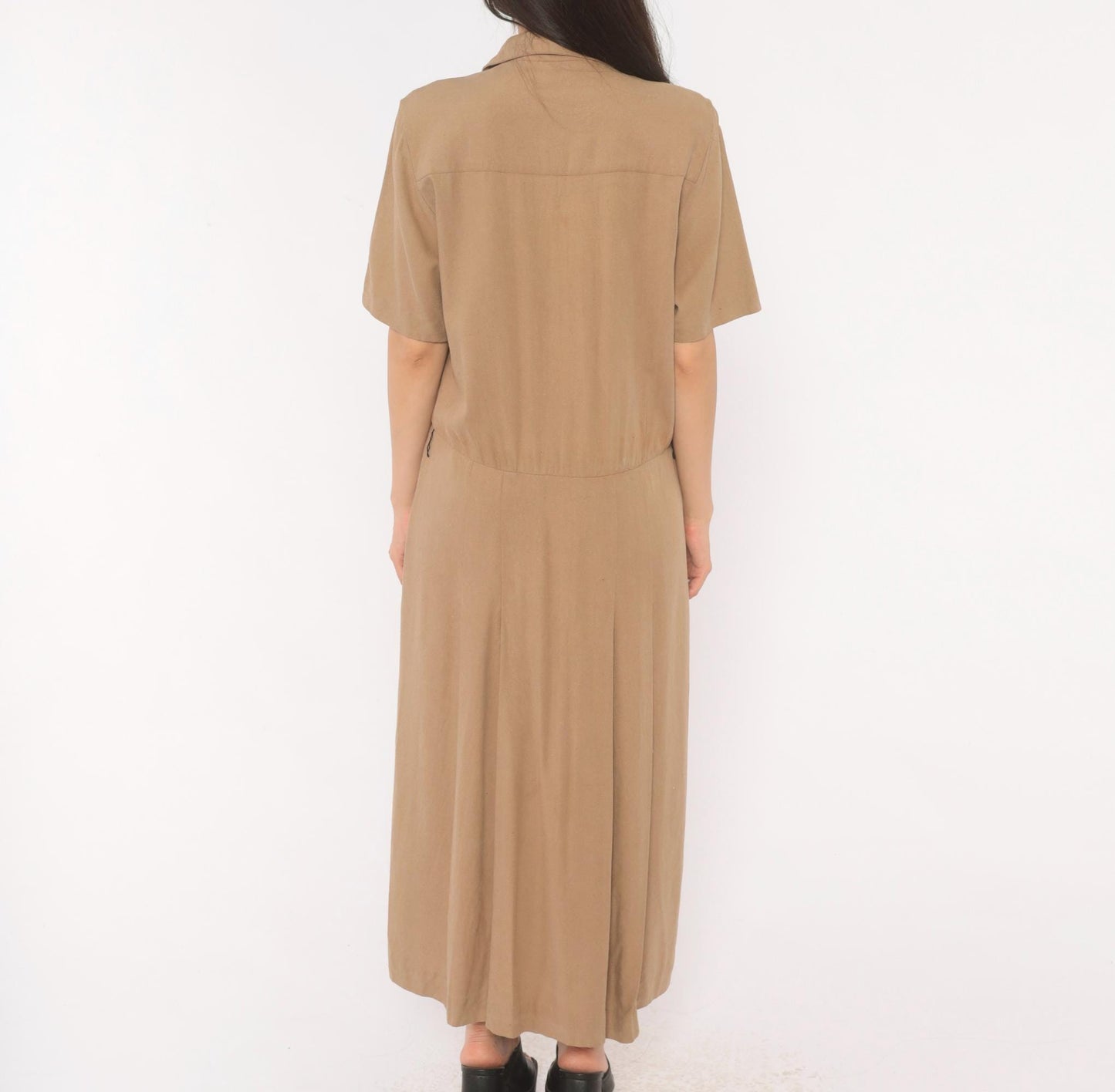 90s Liz Claiborne Silk Maxi Shirt Dress Tan Camp Collar Pleated Medium M