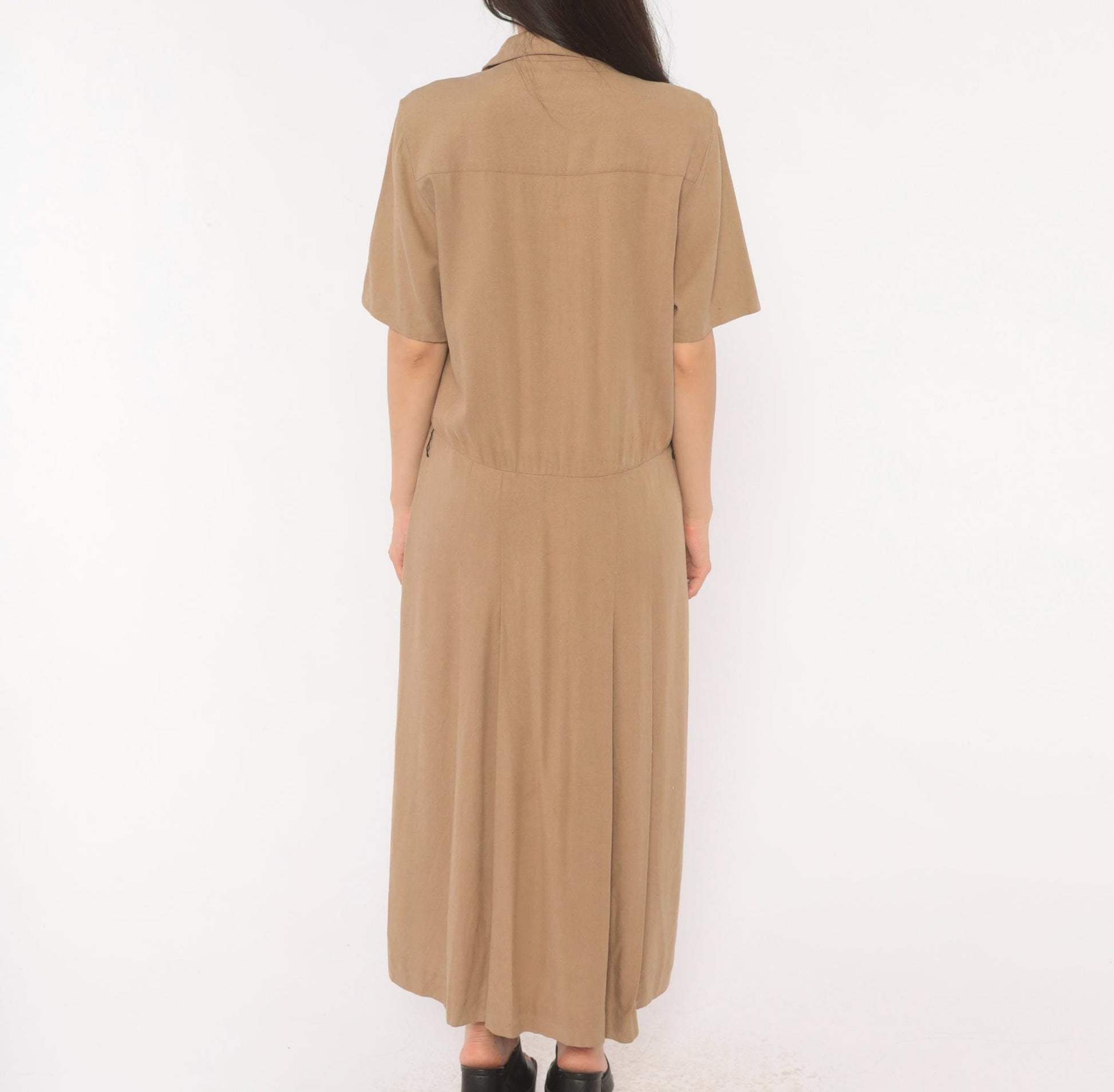 90s Liz Claiborne Silk Maxi Shirt Dress Tan Camp Collar Pleated Medium M