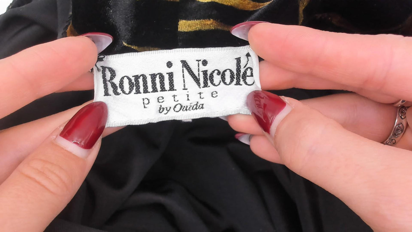 90s Ronni Nicole Black Velvet Duster Gold Leaf Botanical Print Shawl Collar Small Medium