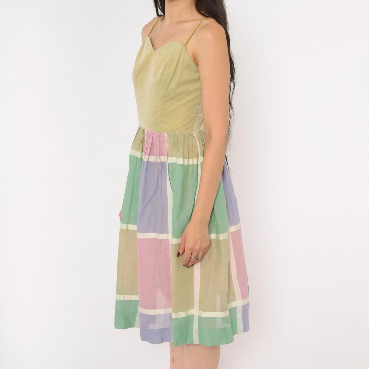 60s Pastel Plaid Sundress Sweetheart Neckline Gathered Skirt Cotton XS