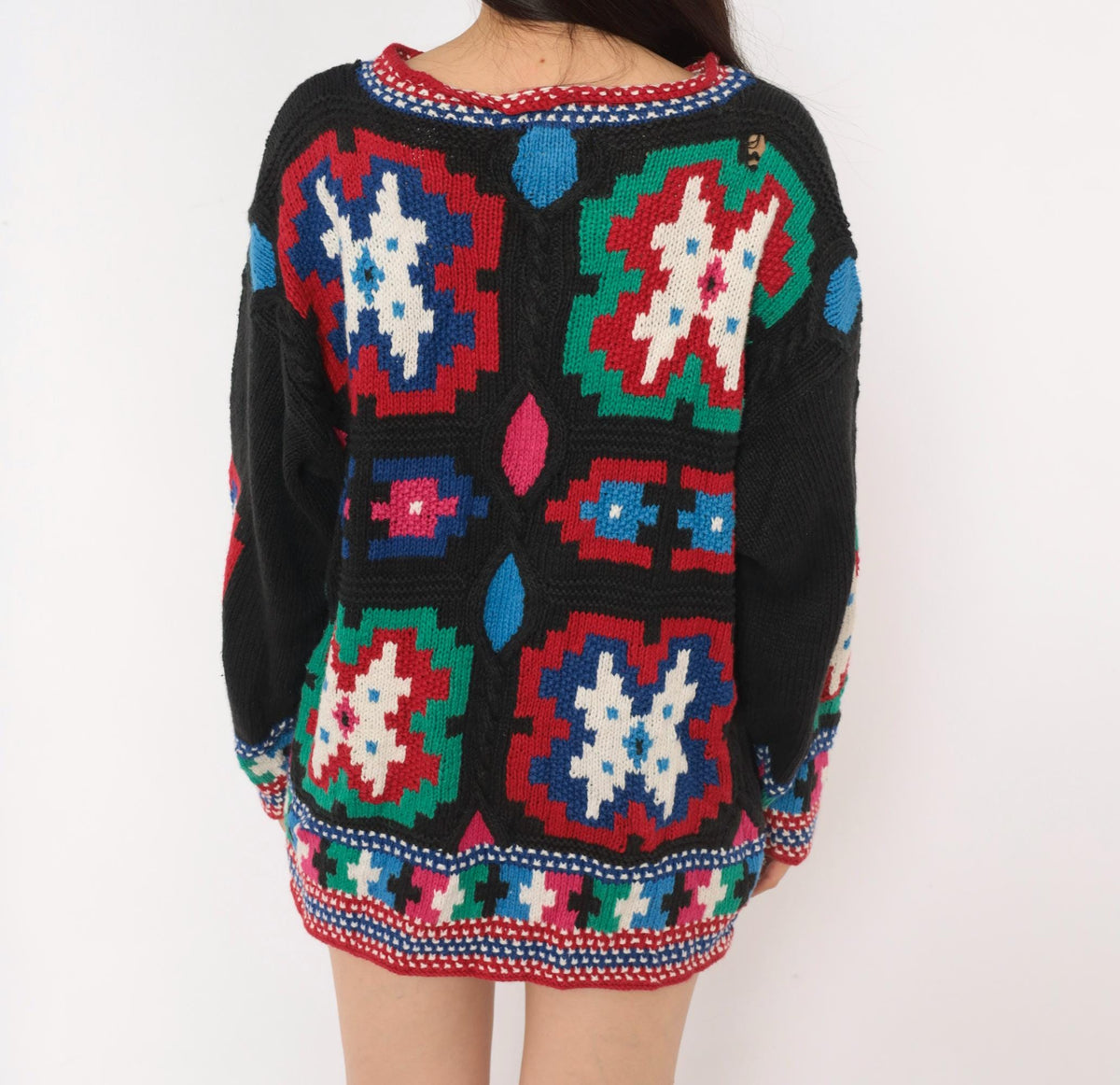 90s Hunter's Run Southwestern Patchwork Beaded Knit Pullover Black Small