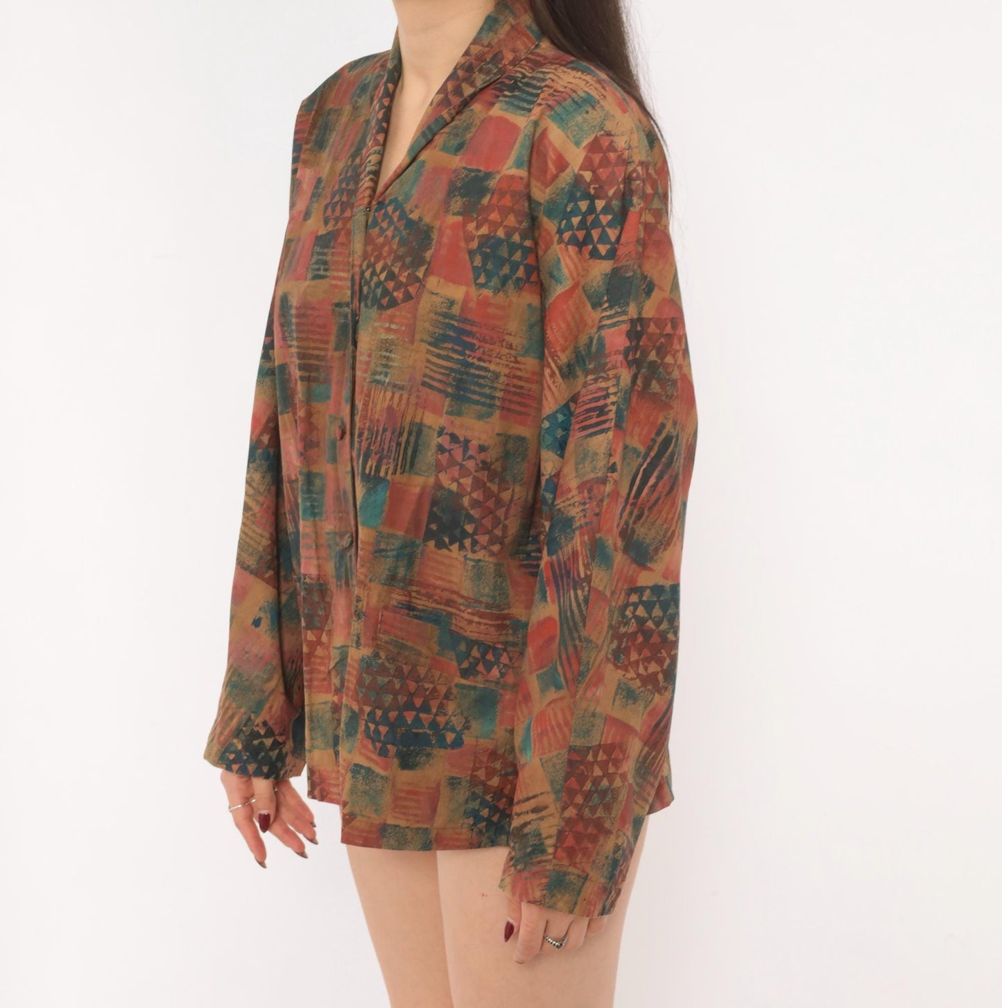 Y2K Abstract Geometric Blazer Shawl Collar Patchwork Rust Teal Medium M