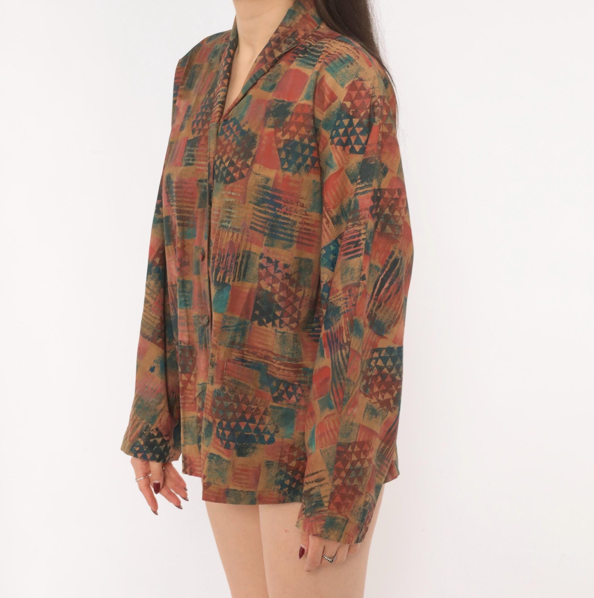 Y2K Abstract Geometric Blazer Shawl Collar Patchwork Rust Teal Medium M