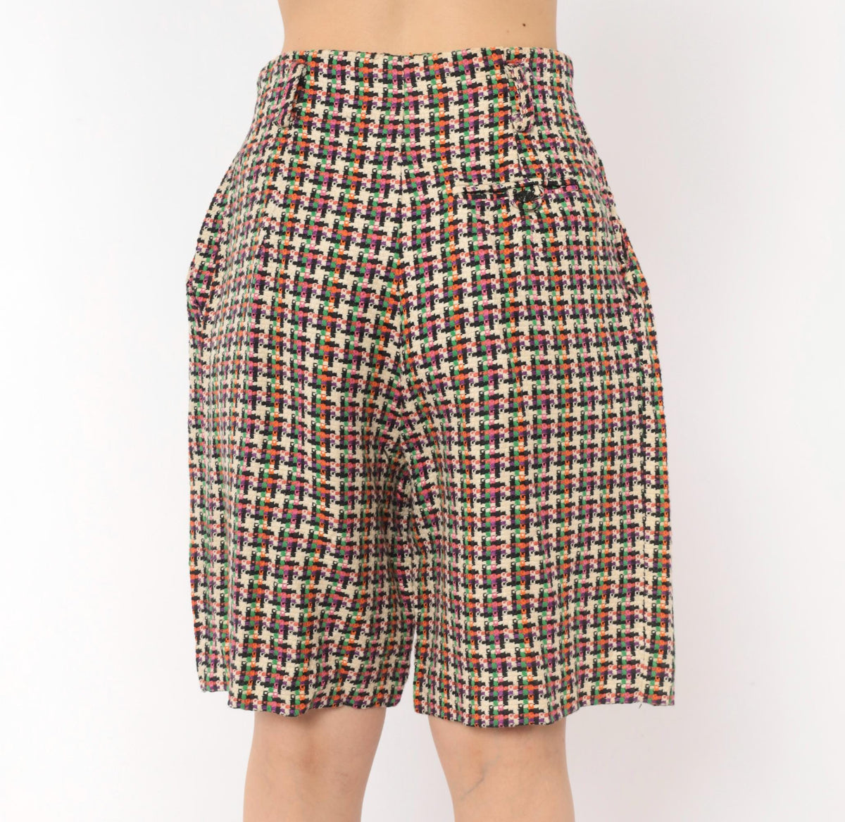 90s For Pete's Sake Houndstooth Pleated Bermuda Shorts Multicolor Linen Small