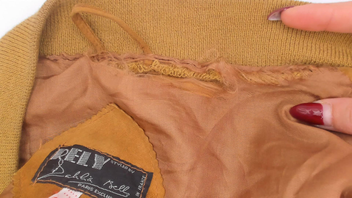 80s Rely Mustard Suede Bomber Jacket Knit Collar Button Front Medium
