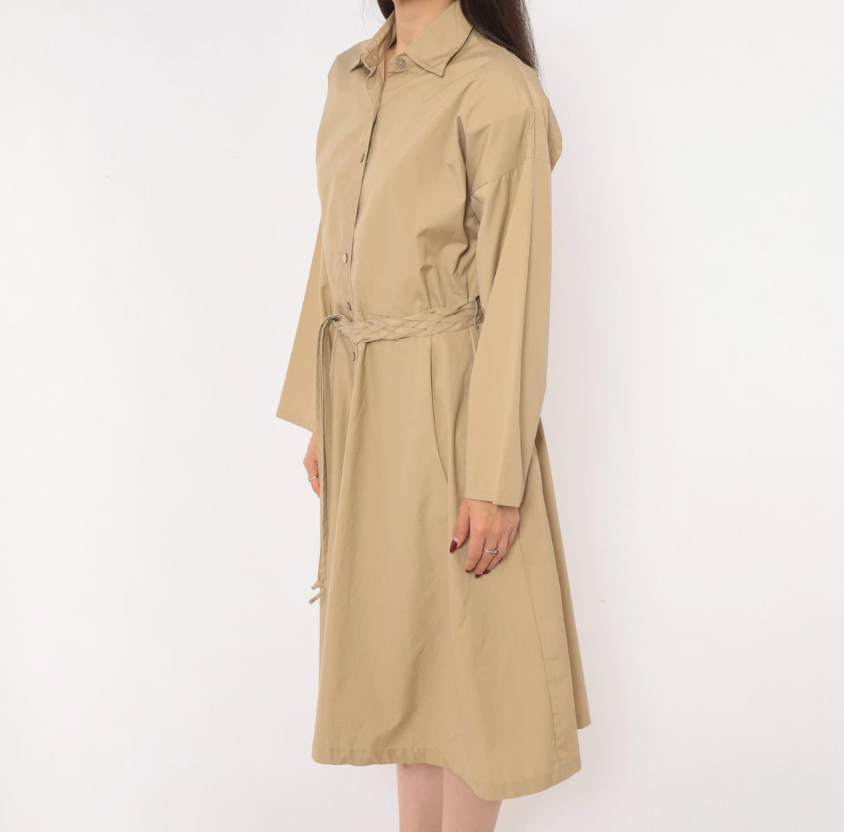 80s Tan Shirt Dress Braided Belt Pointed Collar A-Line Knee Length Large